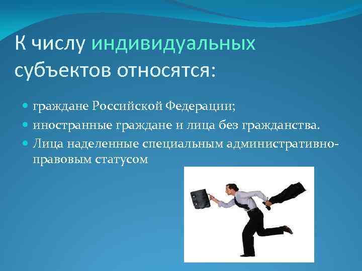 К числу индивидуальных субъектов относятся: граждане Российской Федерации; иностранные граждане и лица без гражданства.