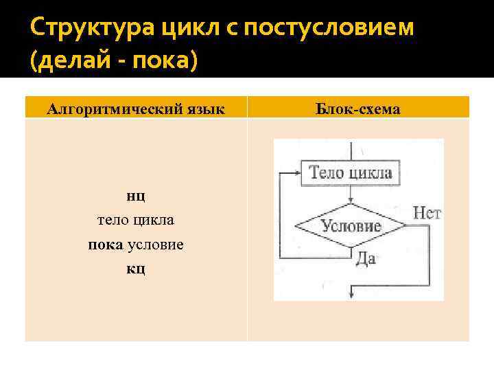 Как блок схемой и на алгоритмическом языке представляется команда цикла с предусловием