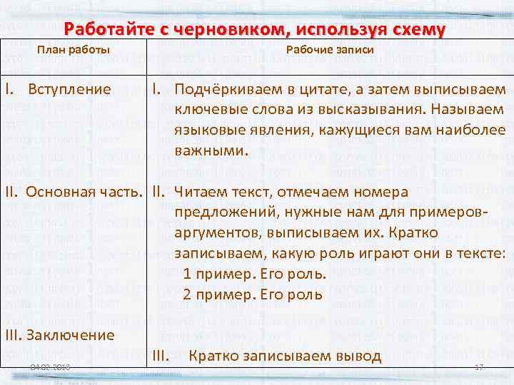 Работайте с черновиком, используя схему План работы I. Вступление Рабочие записи I. Подчёркиваем в