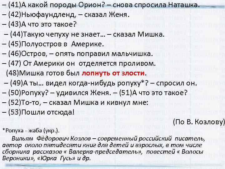 – (41)А какой породы Орион? – снова спросила Наташка. – (42)Ньюфаундленд, – сказал Женя.