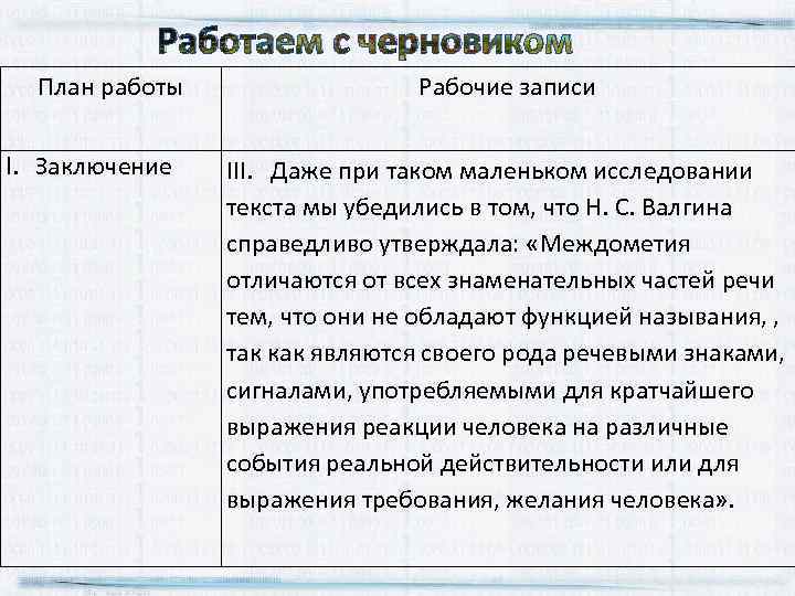 Работаем с черновиком План работы I. Заключение Рабочие записи III. Даже при таком маленьком