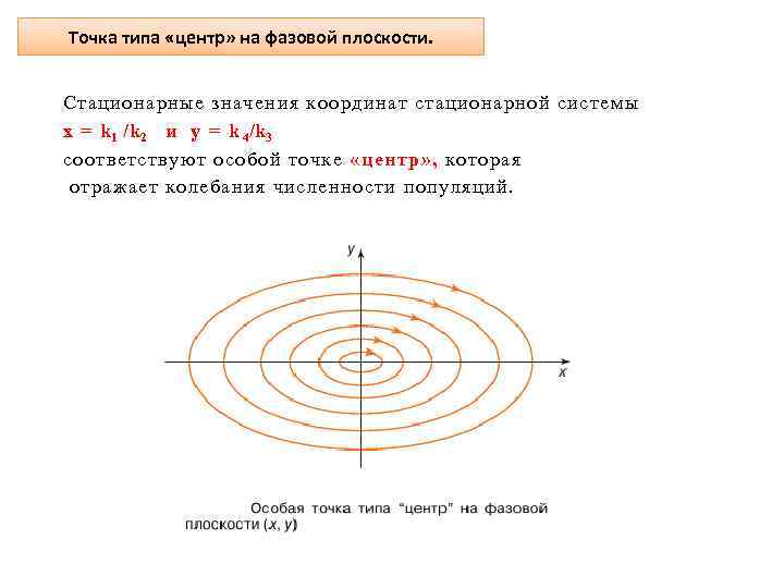 Точка типа «центр» на фазовой плоскости. Стационарные значения координат стационарной системы x = k
