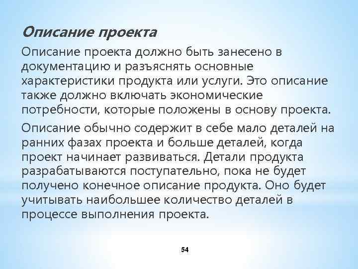 Описание проекта должно быть занесено в документацию и разъяснять основные характеристики продукта или услуги.