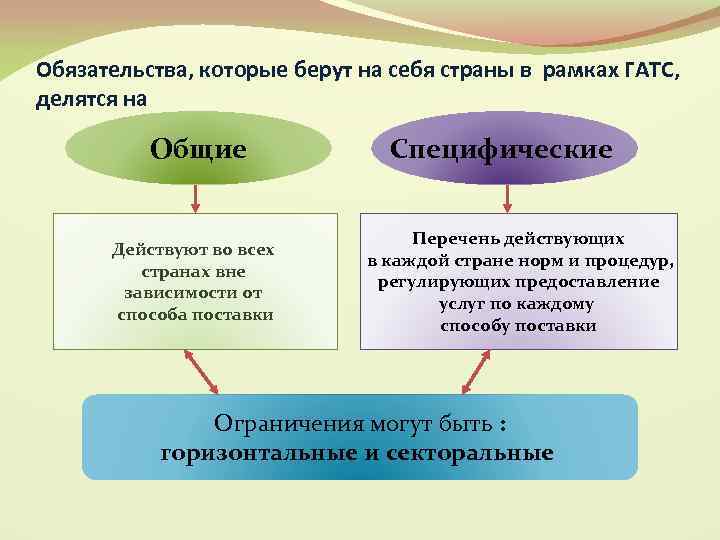 Обязательства, которые берут на себя страны в рамках ГАТС, делятся на Общие Действуют во