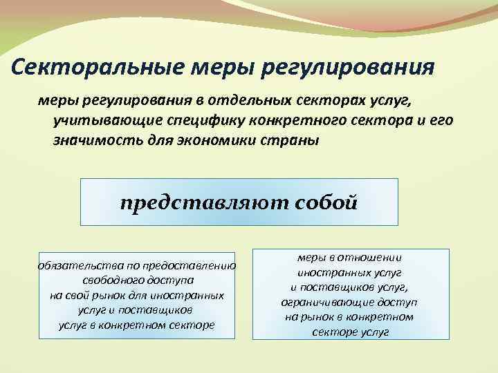 Секторальные меры регулирования в отдельных секторах услуг, учитывающие специфику конкретного сектора и его значимость