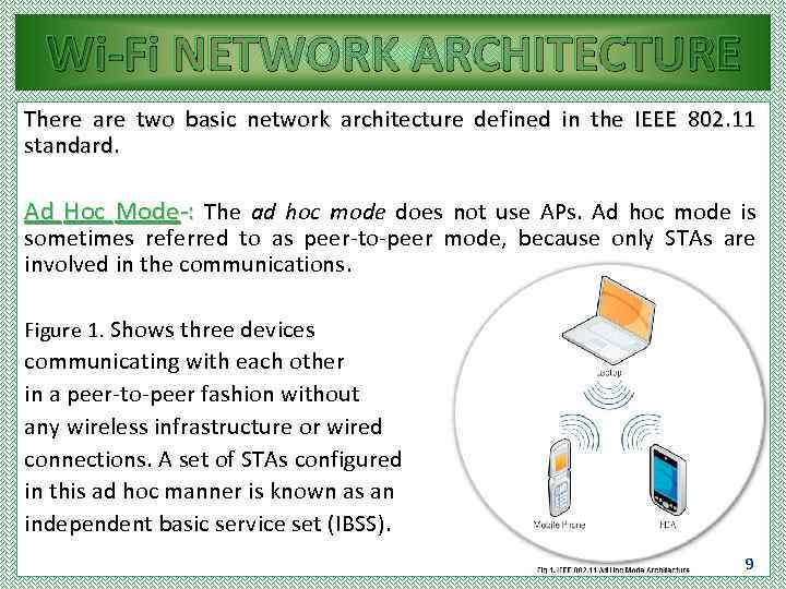 Wi-Fi NETWORK ARCHITECTURE There are two basic network architecture defined in the IEEE 802.