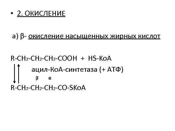  • 2. ОКИСЛЕНИЕ a) β- окисление насыщенных жирных кислот R-CH 2 -CH 2