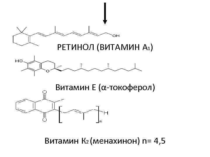 РЕТИНОЛ (ВИТАМИН А 1) Витамин Е (α-токоферол) Витамин К 2 (менахинон) n= 4, 5