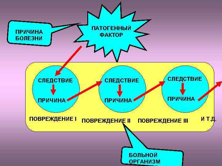 ПРИЧИНА БОЛЕЗНИ ПАТОГЕННЫЙ ФАКТОР СЛЕДСТВИЕ ПРИЧИНА ПОВРЕЖДЕНИЕ III БОЛЬНОЙ ОРГАНИЗМ И Т. Д. 