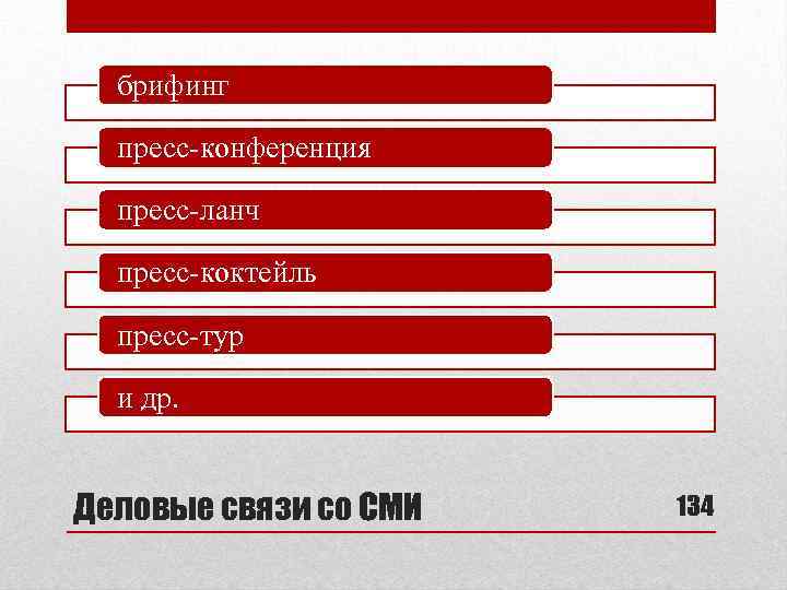 брифинг пресс-конференция пресс-ланч пресс-коктейль пресс-тур и др. Деловые связи со СМИ 134 