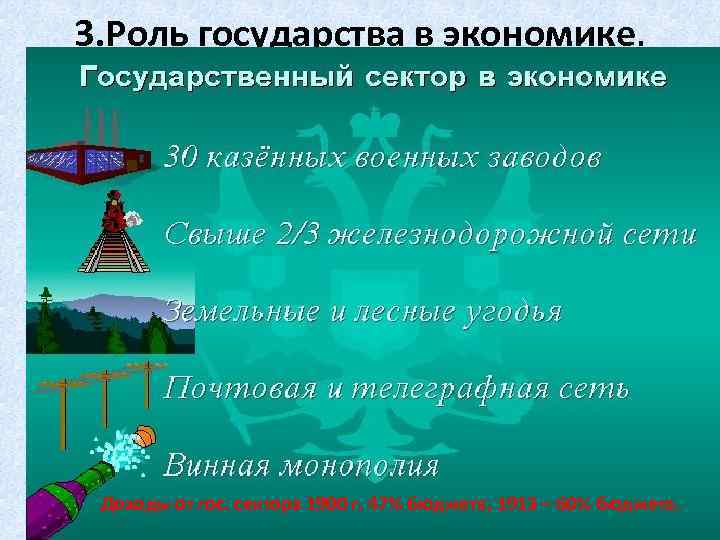 3. Роль государства в экономике. Доходы от гос. сектора 1900 г. 47% бюджета, 1913