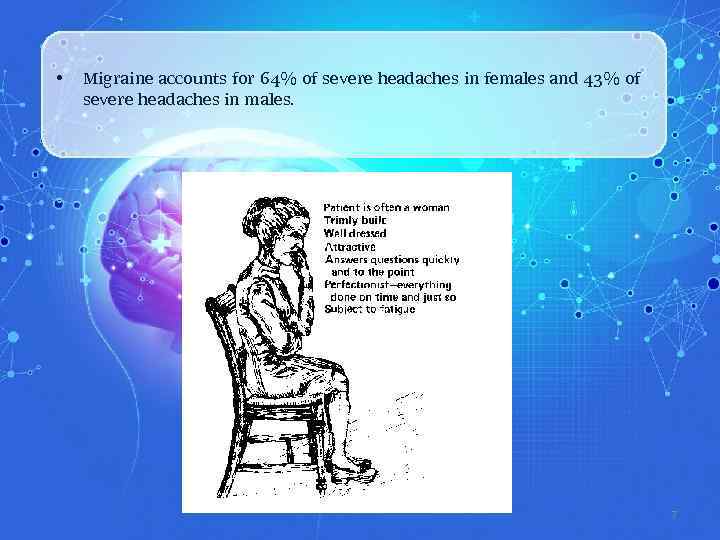  • Migraine accounts for 64% of severe headaches in females and 43% of