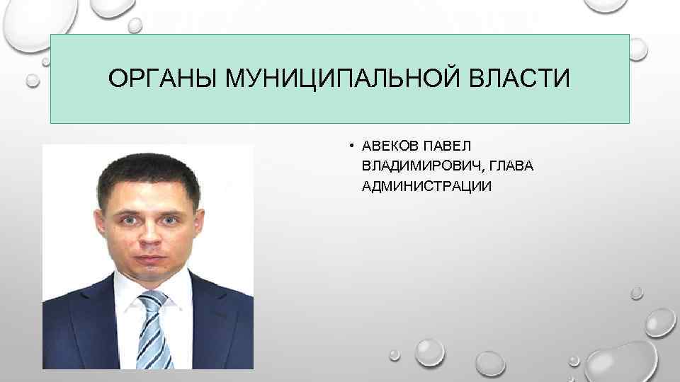 ОРГАНЫ МУНИЦИПАЛЬНОЙ ВЛАСТИ • АВЕКОВ ПАВЕЛ ВЛАДИМИРОВИЧ, ГЛАВА АДМИНИСТРАЦИИ 