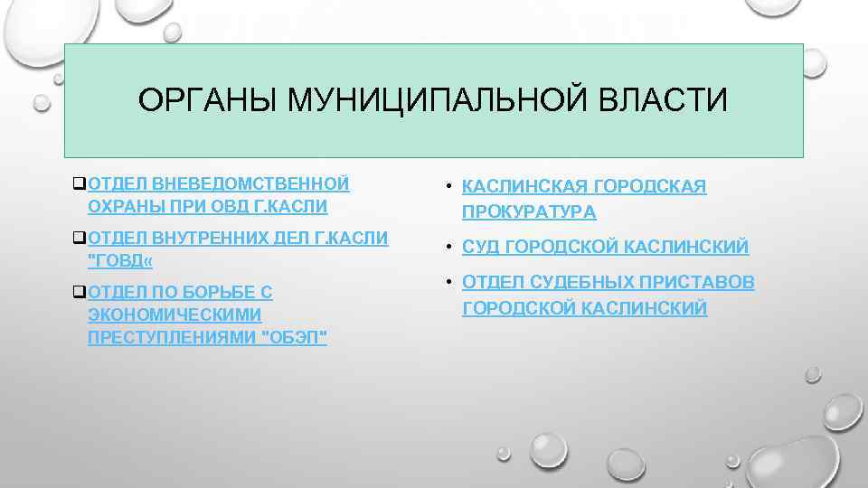 ОРГАНЫ МУНИЦИПАЛЬНОЙ ВЛАСТИ q ОТДЕЛ ВНЕВЕДОМСТВЕННОЙ ОХРАНЫ ПРИ ОВД Г. КАСЛИ • КАСЛИНСКАЯ ГОРОДСКАЯ