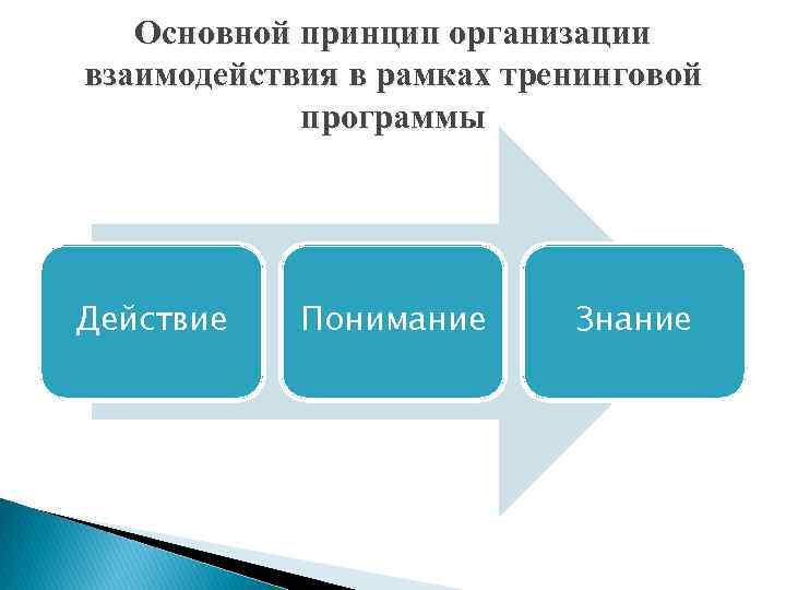 Основной принцип организации взаимодействия в рамках тренинговой программы Действие Понимание Знание 