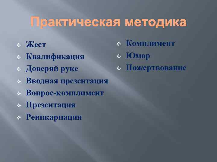 Практическая методика v v v v Жест Квалификация Доверяй руке Вводная презентация Вопрос-комплимент Презентация