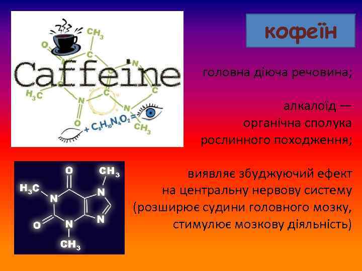 кофеїн головна діюча речовина; алкалоїд — органічна сполука рослинного походження; виявляє збуджуючий ефект на