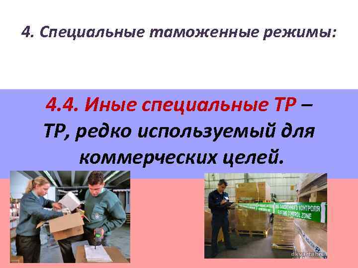 4. Специальные таможенные режимы: 4. 4. Иные специальные ТР – ТР, редко используемый для