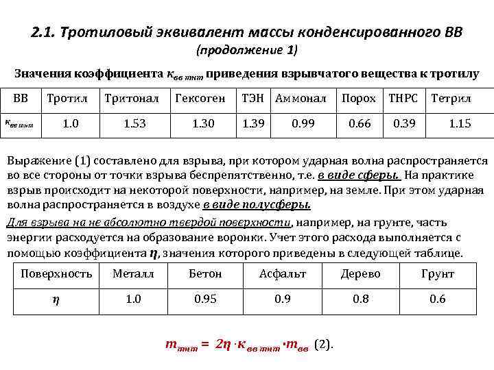 2. 1. Тротиловый эквивалент массы конденсированного ВВ (продолжение 1) Значения коэффициента квв тнт приведения