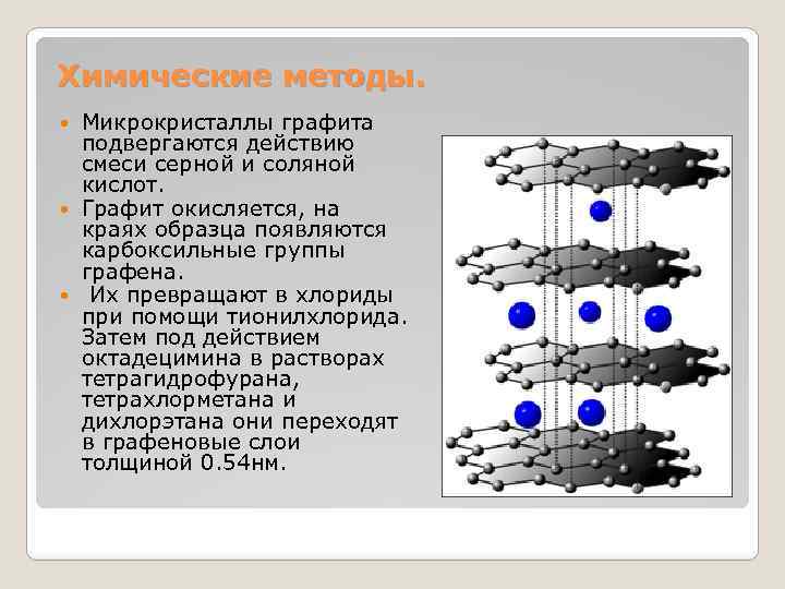 Химические методы. Микрокристаллы графита подвергаются действию смеси серной и соляной кислот. Графит окисляется, на