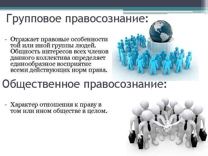 Групповое правосознание: - Отражает правовые особенности той или иной группы людей. Общность интересов всех