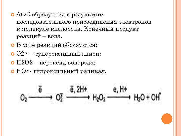 АФК образуются в результате последовательного присоединения электронов к молекуле кислорода. Конечный продукт реакций –
