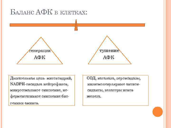 БАЛАНС АФК В КЛЕТКАХ: генерация АФК тушение АФК Дыхательная цепь митохондрий, СОД, каталаза, пероксидазы,