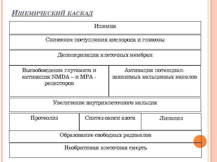 ИШЕМИЧЕСКИЙ КАСКАД Ишемия Снижение поступления кислорода и глюкозы Деполяризация клеточных мембран Высвобождение глутамата и