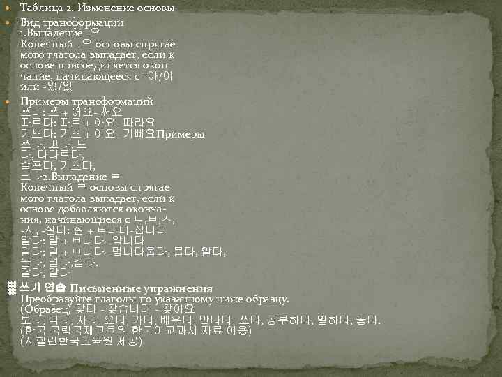  Таблица 2. Изменение основы Вид трансформации 1. Выпадение -으 Конечный –으 основы спрягаемого