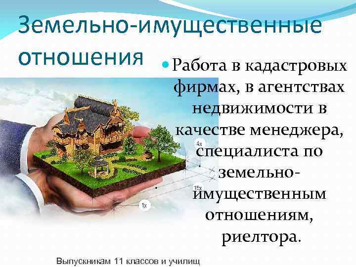 Земельно-имущественные отношения Работа в кадастровых фирмах, в агентствах недвижимости в качестве менеджера, специалиста по