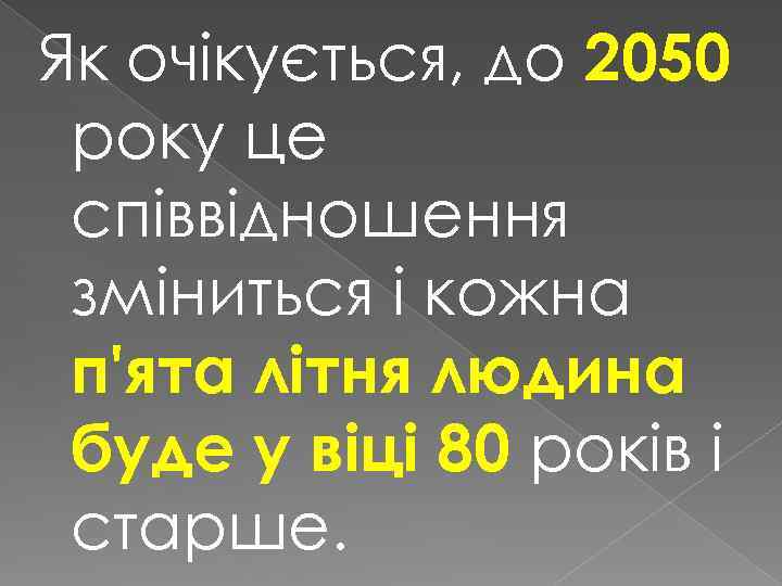 Як очікується, до 2050 року це співвідношення зміниться і кожна п'ята літня людина буде