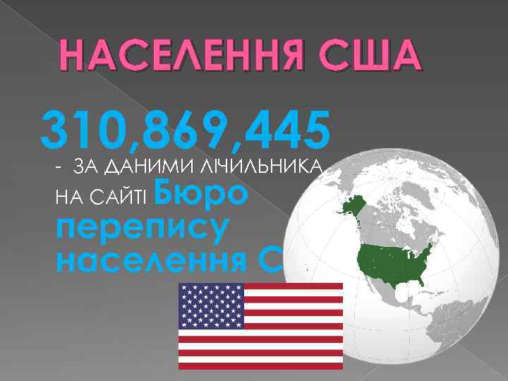 НАСЕЛЕННЯ США 310, 869, 445 - ЗА ДАНИМИ ЛІЧИЛЬНИКА Бюро перепису населення США НА
