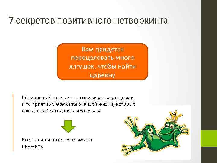 7 секретов позитивного нетворкинга Вам придется перецеловать много лягушек, чтобы найти царевну Социальный капитал