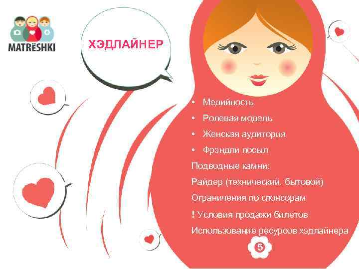 ХЭДЛАЙНЕР • Медийность • Ролевая модель • Женская аудитория • Фрэндли посыл Подводные камни: