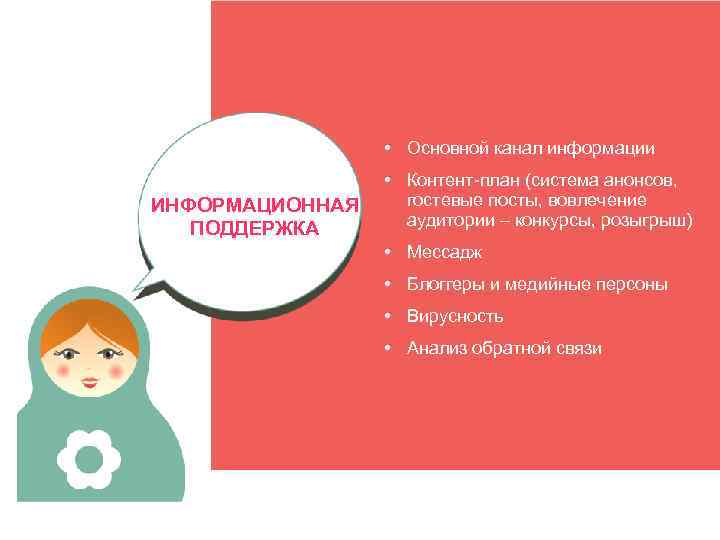  • Основной канал информации ИНФОРМАЦИОННАЯ ПОДДЕРЖКА • Контент-план (система анонсов, гостевые посты, вовлечение