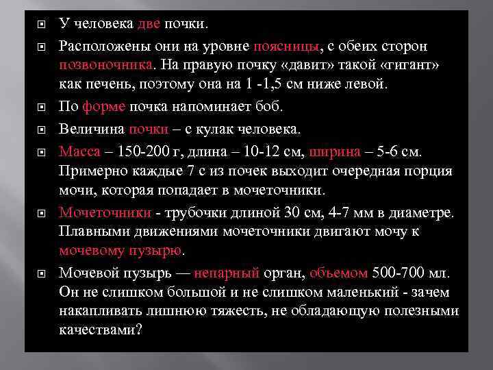  У человека две почки. Расположены они на уровне поясницы, с обеих сторон позвоночника.