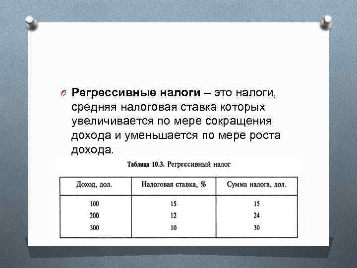 O Регрессивные налоги – это налоги, средняя налоговая ставка которых увеличивается по мере сокращения