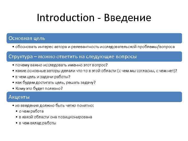 Introduction - Введение Основная цель • обосновать интерес автора и релевантность исследовательской проблемы/вопроса Структура