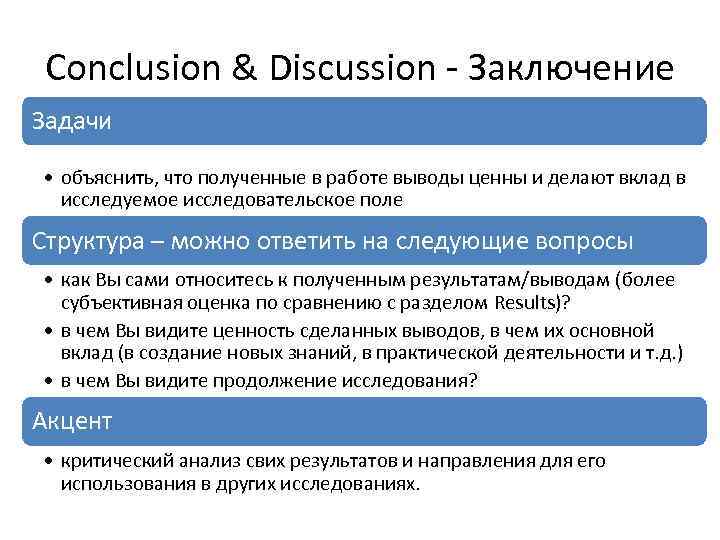 Conclusion & Discussion - Заключение Задачи • объяснить, что полученные в работе выводы ценны