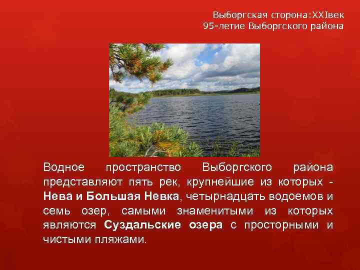 Выборгская сторона: XXIвек 95 -летие Выборгского района Водное пространство Выборгского района представляют пять рек,