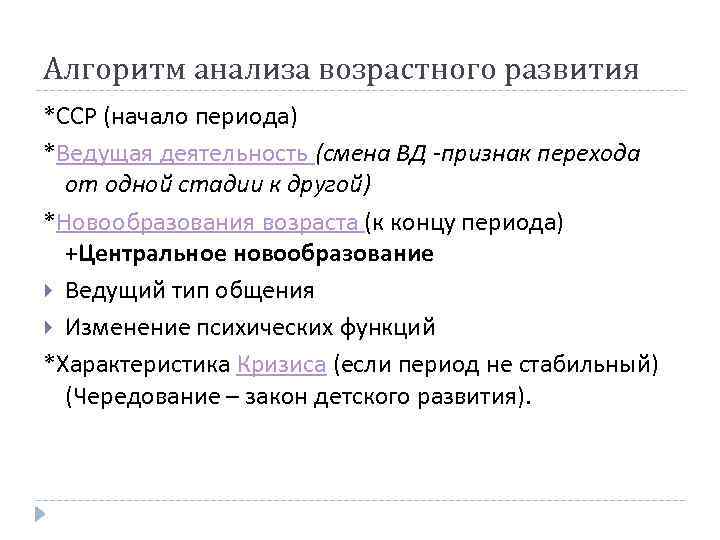 Алгоритм анализа возрастного развития *ССР (начало периода) *Ведущая деятельность (смена ВД -признак перехода от