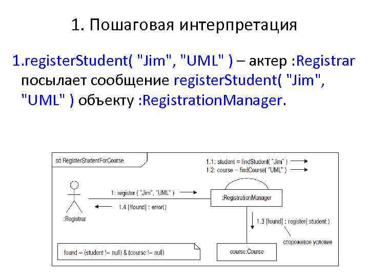 1. Пошаговая интерпретация 1. register. Student( "Jim", "UML" ) – актер : Registrar посылает