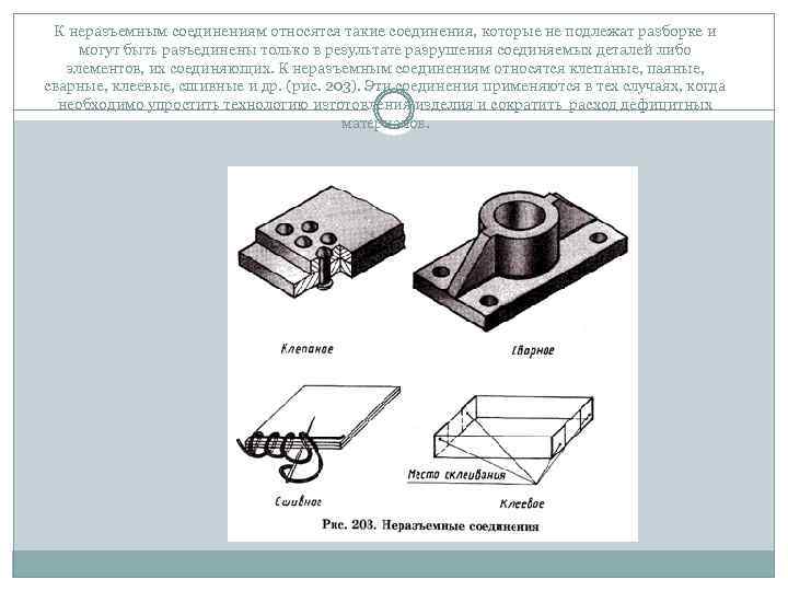 К неразъемным соединениям относятся такие соединения, которые не подлежат разборке и могут быть разъединены