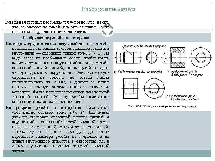 Изображение резьбы Резьба на чертежах изображается условно. Это значит, что ее рисуют не такой,