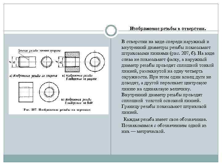Изображение резьбы в отверстии. В отверстии на виде спереди наружный и внутренний диаметры резьбы