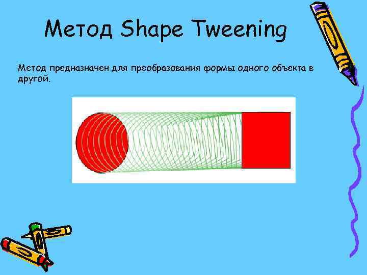 Метод Shape Tweening Метод предназначен для преобразования формы одного объекта в другой. 