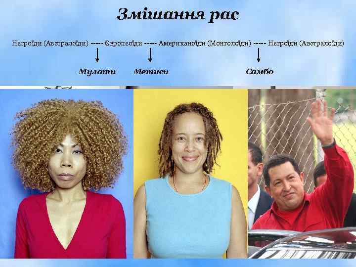 Змішання рас Негроїди (Австралоїди) ----- Європеоїди ----- Американоїди (Монголоїди) ----- Негроїди (Австралоїди) Мулати Метиси