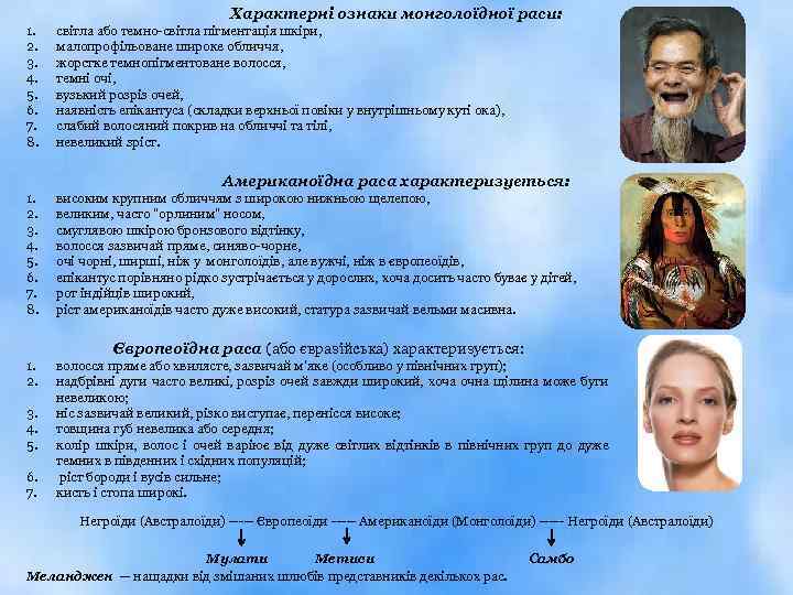 Характерні ознаки монголоїдної раси: 1. 2. 3. 4. 5. 6. 7. 8. світла або