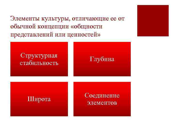 Элементы культуры, отличающие ее от обычной концепции «общности представлений или ценностей» Структурная стабильность Глубина