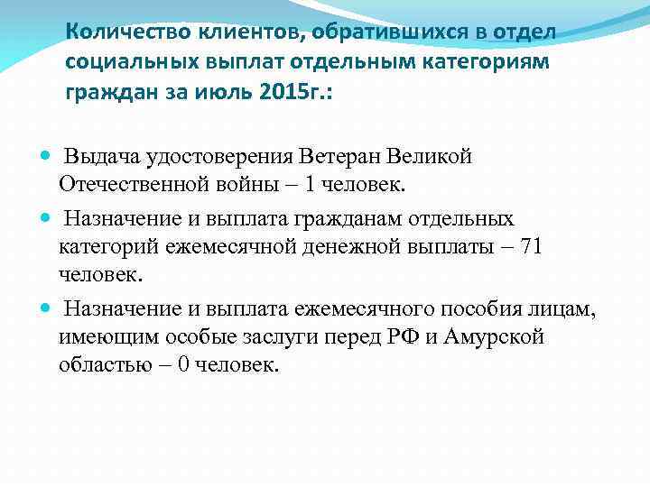 Количество клиентов, обратившихся в отдел социальных выплат отдельным категориям граждан за июль 2015 г.